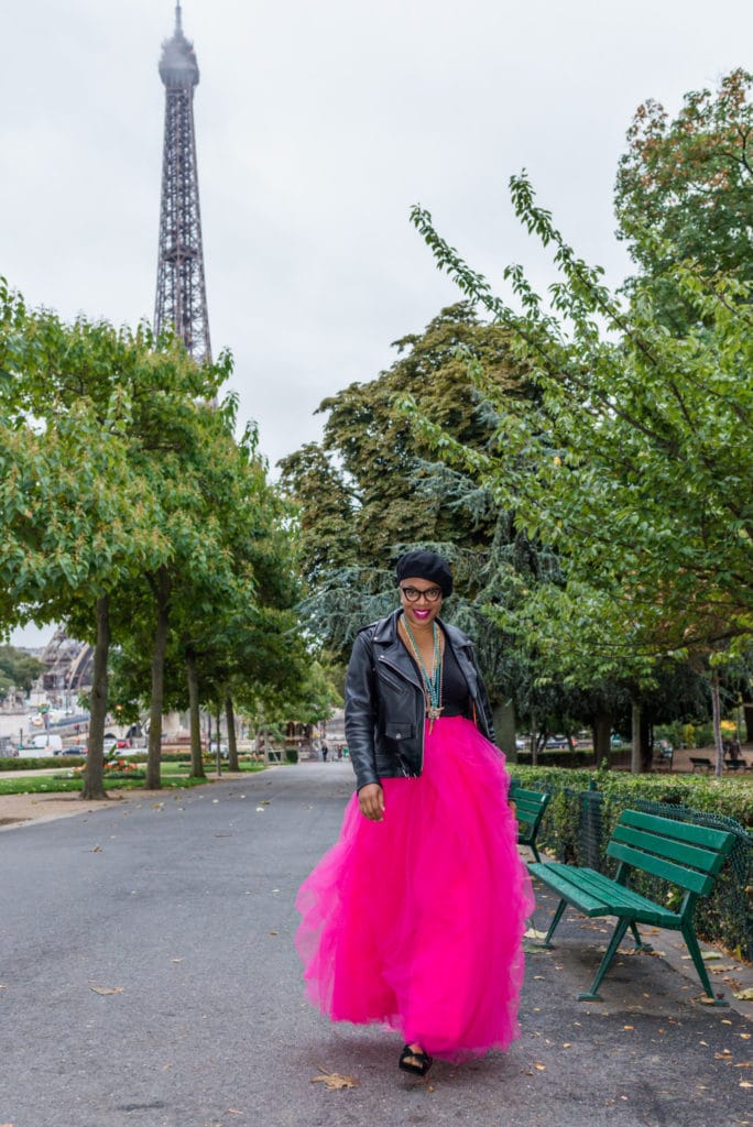 Black Woman Professional Photoshoot in Paris by Eiffel Tower in Tulle Maxi Skirt