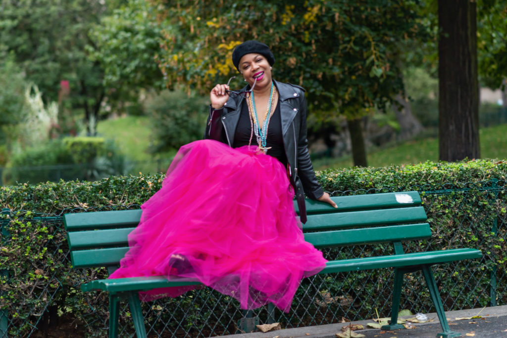 Black Woman Professional Photoshoot in Paris wearing Tulle Maxi Skirt on Bench