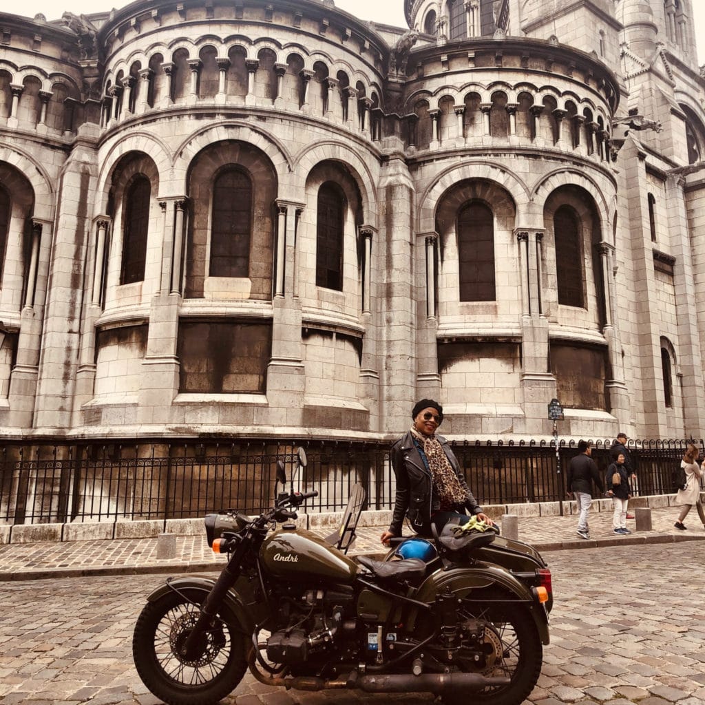 Retro Tour Paris Woman Posing on Motorbike